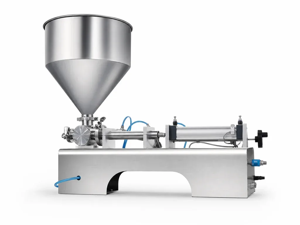 Piston pump filling system for liquid and paste products