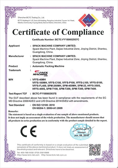 Spartan Machine CE Certificate of Compliance
